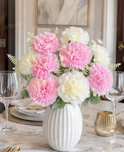 Image 7 of Divyakosh Artificial Flowers Bunch (Vase Not Included), Pink & White Carnation Bouquet - 7 Flower Heads, Artificial Flower for Vase, Flower Bouquet Gift for Living Room,Table Office, Centerpiece