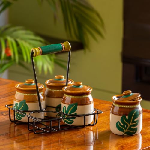Image 1 of EL-005-1128 for the product ExclusiveLane Shades of a Leaf Ceramic Pickle Jars with Iron Holder