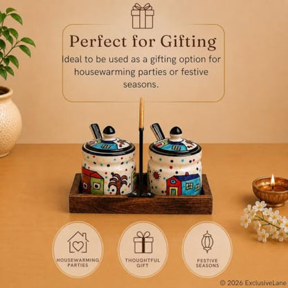 Image 6 of ExclusiveLane Hut Handpainted Ceramic Pickle Jars with Spoon & Wooden Holder Set of 2, 280 ml