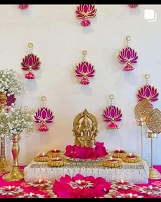 Image 1 of Default Title for the product Wall Decor Lotus (16 Pcs) With Jhumki Style Hanging for Home, Diwali, Wedding and Festival Decoration | MDF Lotus Hangings | Latkan