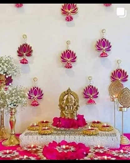 Image 1 of Default Title for the product Wall Decor Lotus (16 Pcs) With Jhumki Style Hanging for Home, Diwali, Wedding and Festival Decoration | MDF Lotus Hangings | Latkan
