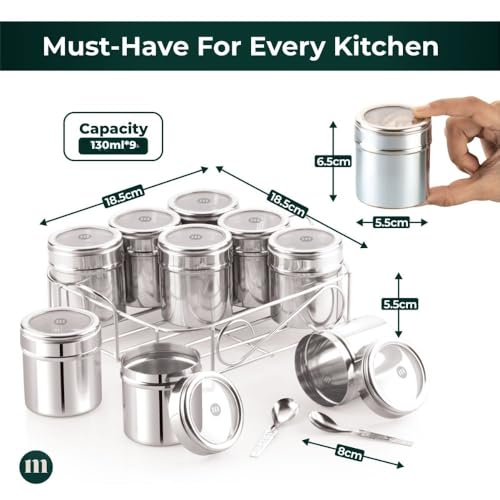 Image 3 of MARU 9 IN 1 Square Masala Box for Kitchen Steel - 130ml Each