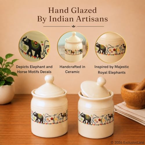 Image 2 of ExclusiveLane Elephant Motif Ceramic Pickle Jars with Lid Set of 2 540 ml