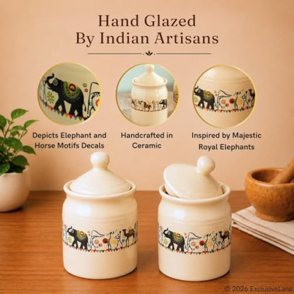 Image 2 of ExclusiveLane Elephant Motif Ceramic Pickle Jars with Lid Set of 2 540 ml