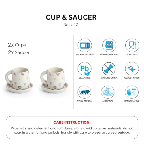 Image 5 of ExclusiveLane Ribbon Bow Hand Embossed Ceramic Tea Cup with Saucer Set of 2 335 ml Microwave Safe