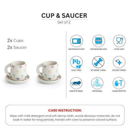 Image 5 of ExclusiveLane Ribbon Bow Hand Embossed Ceramic Tea Cup with Saucer Set of 2 335 ml Microwave Safe