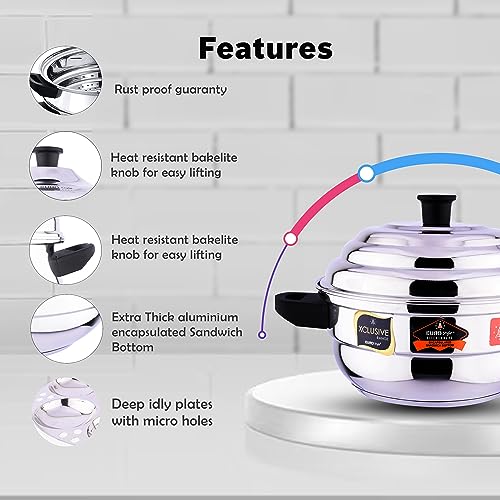 Image 6 of EUROStyle Royal Stainless Steel 3 Layer Sandwich Base Idly Maker - 8 Cavity Idlies - With 1 Steam Plate - ISI Mark Certified - Secure Lid and Easy Lifting Handles & Knobs -Multi-Tier Steaming Cookware for Idli, Dhokla, Modak & More (SB STD, 8 Idlies)