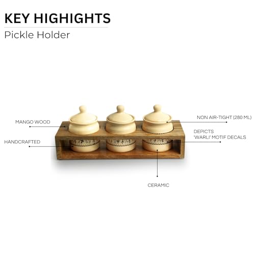 Image 4 of ExclusiveLane Art Of Warli Ceramic Pickle Jars With Wooden Holder Set of 3, 280 ml
