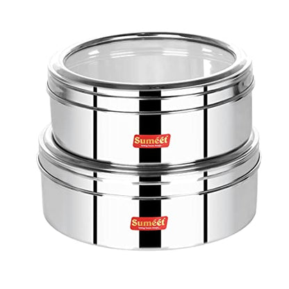 Image 1 of 1.5Ltr & 2Ltr for the product Sumeet Stainless Steel Flat Canisters/Puri Dabba Storage Containers Set of 2