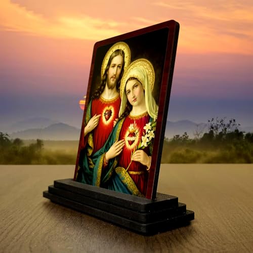 Image 3 of Jesus and Mother Mary Small Wooden Idol 4x5 Inch Auspicious Blessing HD Printed Home Decor