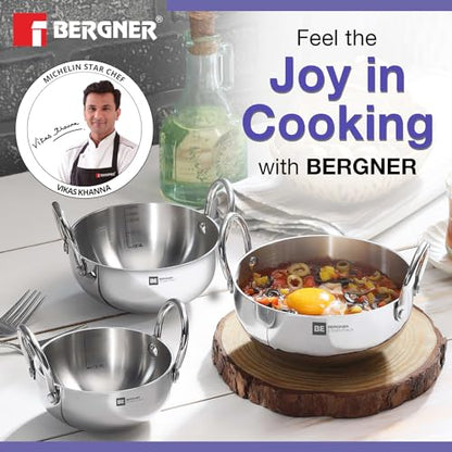 Image 3 of BERGNER BE Essentials Tri-Ply Stainless Steel Junior Kadai Set of 3 Pcs with Sizes 10 cm (500ml), 12cm (600ml), 14cm (800ml)