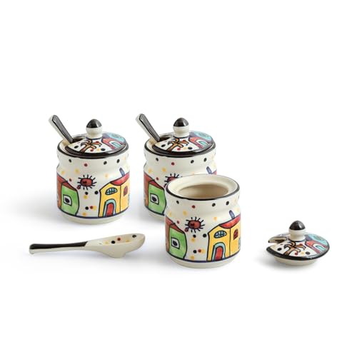 Image 3 of ExclusiveLane 'The Hut' Ceramic Pickle Jars for Dining Table With Spoon (Set Of 3, Non-Airtight, 280 ml, Multi-Purpose)|Pickle Jar With Spoon Achar Jar Set Achar Container Set for Dining Table|