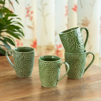 Image 1 of Default Title for the product ExclusiveLane Green Flora Ceramic Coffee Mugs Set of 4 290 ml
