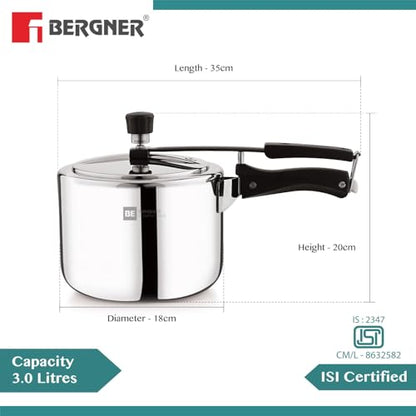 Image 4 of BERGNER BE Essentials Tripro Triply Stainless Steel Pressure Cooker 3 Liters