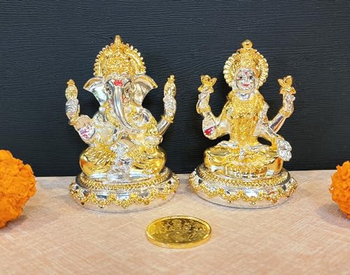 Image 1 of Default Title for the product Gold Art India Kamal Laxmi Ganesh Gold & Silver Plated Two Tone Idol for Home With Gold Plated Coin - Diwali Pooja Murti (3.6" Inch)