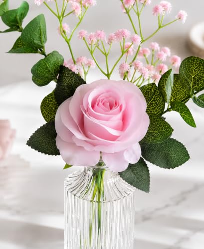 Image 5 of Divyakosh Artificial Pink Rose Flower Bunch with Glass VASE (1 Big Rose + Baby Breath) | Realistic Faux Floral Bouquet with Green Leaves & Baby Breath | Home Decor for Living Room, Bedroom, Office