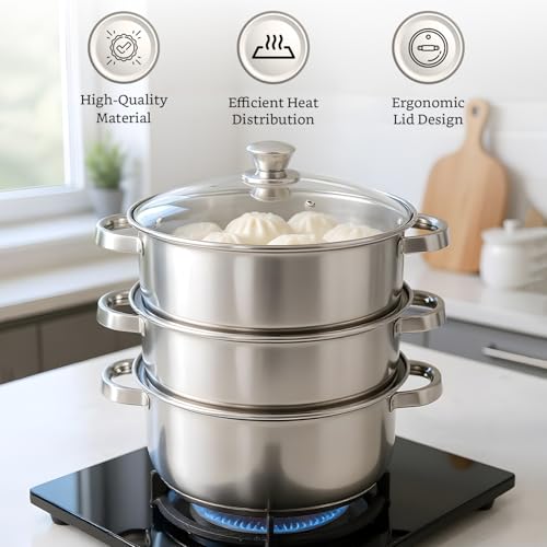 Image 6 of Solimo - Stainless Steel 2 Tier â Steamer / Idli Cum Modak Maker With Glass Lid- 20 Cm | 3 Liters | Induction Base | Silver
