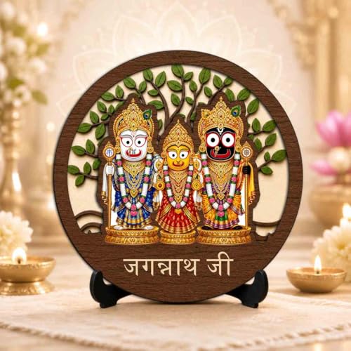 Image 2 of Jagannath Balabhadra Subhadra Table Top Wooden Idol/Murti for Mandir Decoration, Office Desk & Festive Gift - 5x5 Inch