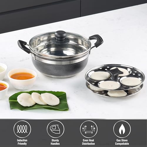 Image 3 of CELLO Magna Stainless Steel Idli Maker (2 Plates  1 Kadai) with Glass Lid For Kitchen | Riveted Sturdy Handle, Gas Stove & Induction Compatible, Tempered Glass Lid with Steam Vent, Easy to Cooking