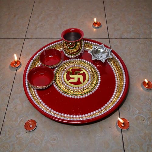 Image 6 of RIA Studio Traditional Swastik Pooja Thali Set Stainless Steel Prayer Plate with Kundan Decoration 5-Piece Hindu Worship Kit (Red, 10 Inch)