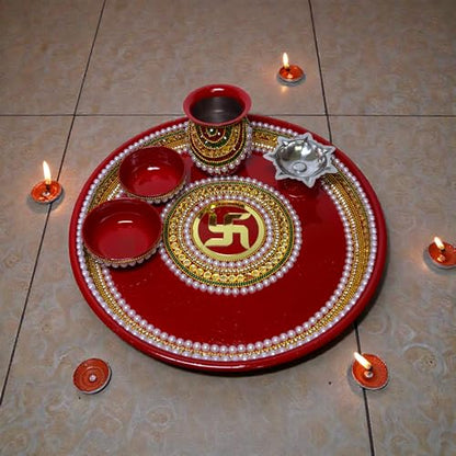 Image 6 of RIA Studio Traditional Swastik Pooja Thali Set Stainless Steel Prayer Plate with Kundan Decoration 5-Piece Hindu Worship Kit (Red, 10 Inch)