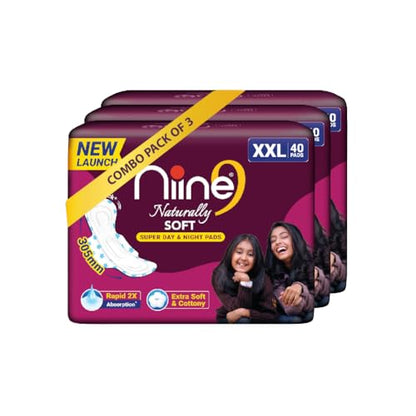 Image 3 of 120 Pads (Pack of 3) for the product Niine Naturally Soft XXL Sanitary Pads for Women | 40 Pads | 305MM | Cottony Soft Top Cover | Extra Coverage with Wider Back, Quick Absorption for Heavy Flow