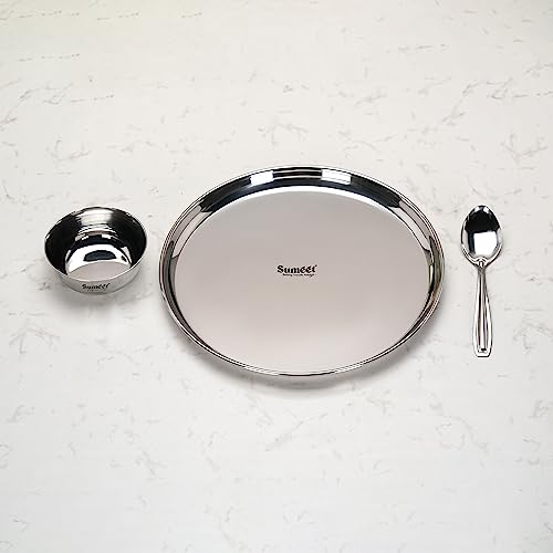 Image 7 of Sumeet Stainless Steel Heavy Gauge Mirror Finish Dinner Solid Set of 3 Pcs (1 Plate, 1 Bowl/Wati, 1 Spoon), Silver