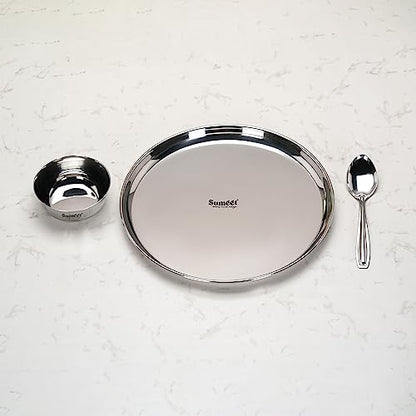Image 7 of Sumeet Stainless Steel Heavy Gauge Mirror Finish Dinner Solid Set of 3 Pcs (1 Plate, 1 Bowl/Wati, 1 Spoon), Silver