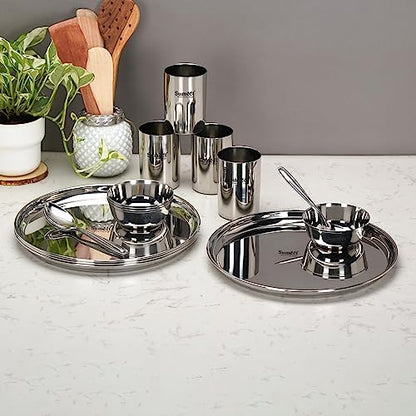 Image 6 of Sumeet Stainless Steel Heavy Gauge Mirror Finish Solid Dinner Set Of 16 Pcs (4 Plate, 4 Bowl/Wati, 4 Glass, 4 Spoon), Silver