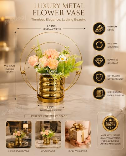 Image 2 of Divyakosh Artificial Flower Vase, Metal Golden Ring with Pre Fixed Flowers, Gift Item, Showpiece | Home Decoration Items for Living Room | Aesthetic Home Decor, Vase for Home Decor'