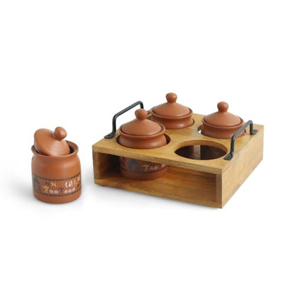Image 2 of ExclusiveLane Warli Village Tales Handcrafted Ceramic Pickle Jar Set of 4, 250 ML