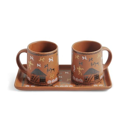 Image 2 of ExclusiveLane Warli Village Tales Ceramic Coffee Mugs Set of 2 with Tray 300 ml