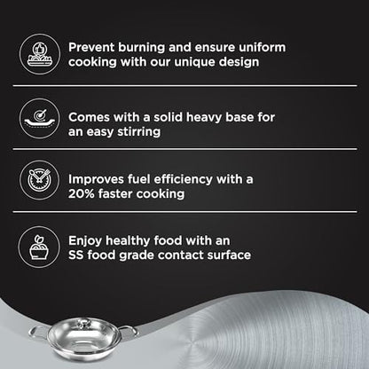 Image 3 of Preethi Metallica Collection Triply Stainless Steel Kadai with Glass Lid, 28 cm, Gas & Induction Compatible, Metal Spatula Friendly