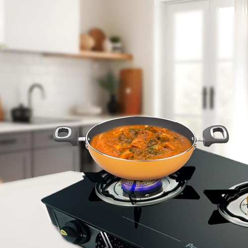 Image 7 of Preethi Dura Collection Non Stick Kadai, 26 cm, with Glass Lid, Gas & Induction Compatible, 5 Star Non Stick Effect, Turmeric Yellow