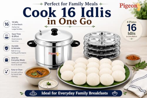 Image 4 of Pigeon Favourite ISI Marked Stainless Steel Idli Maker with Whistle | 4 Plates | 16 Idlis | Induction & Gas Stove Compatible | Use on LowâMedium Flame