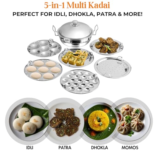 Image 5 of Kraft Stainless Steel Multi Kadai/Idli Maker | 5 L, 28 cm, 6 Plates | 2 Idli, 2 Dhokla, 1 Patra & Mini Idli | Induction & Gas Compatible Momo/Modak Pot | 6 in 1 Multipurpose steamer for cooking