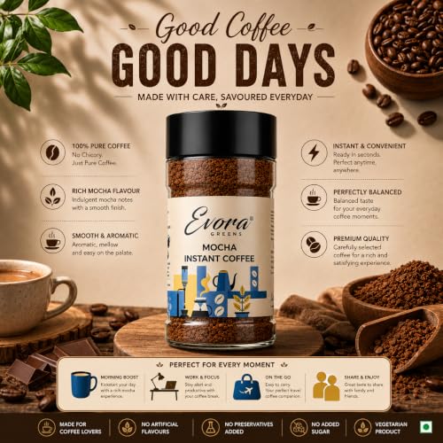 Image 4 of EVORA Greens 100gm Instant Coffee Powder | Mocha Flavour | Coffee with Arabica & Robusta Blend - Medium Roast | Make 50 Cups