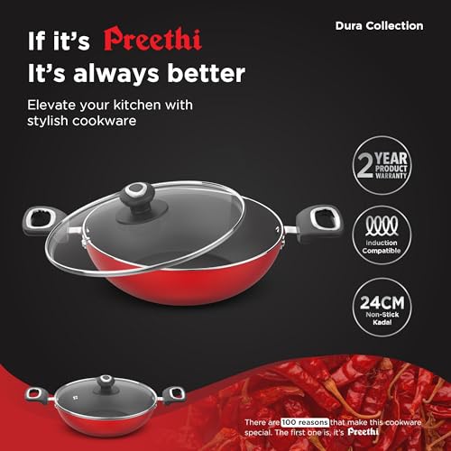 Image 2 of Preethi Dura Collection Non Stick Kadai, 24 cm, with Glass Lid, Gas & Induction Compatible, 5 Star Non Stick Effect, Chilly Red