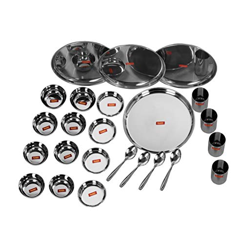 Image 5 of Sumeet Stainless Steel Solid Heavy Gauge Mirror Finish Dinner Set Of 24 Pcs (4 Plate, 4 Small/Halwa Plate, 8 Bowl/Wati, 4 Glass, 4 Spoon)