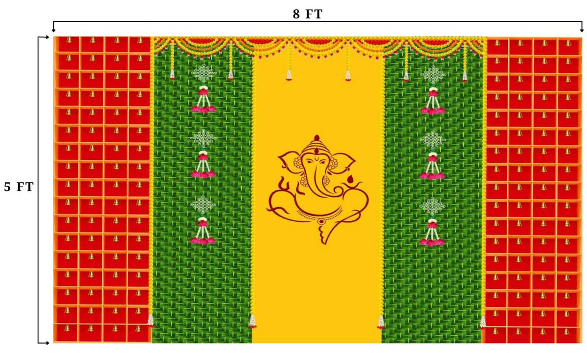 Image 2 of Sri Yagnaa Decoration M 34 – Ganesh Backdrop Cloth with Bells, 8 x 5 Ft