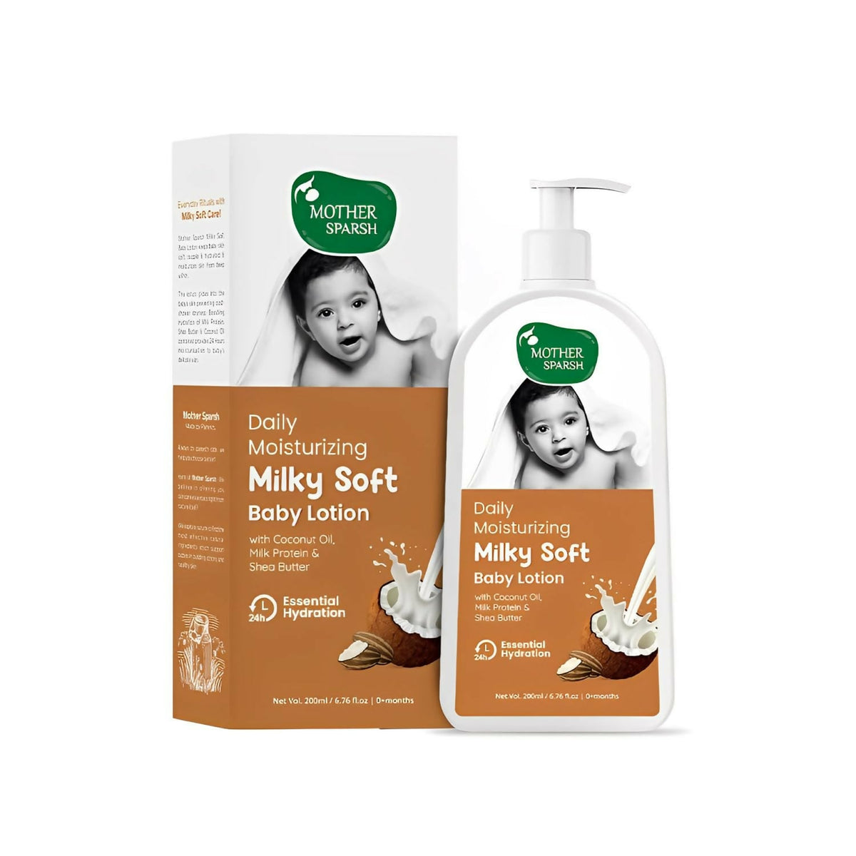 Image 1 of 200 ml for the product Mother Sparsh Milky Soft Baby Lotion With Milk Protein, Coconut Oil & Shea Butter For 24Hrs Moisturization