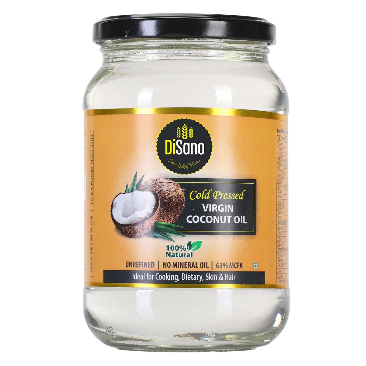 Image 1 of Disano Cold Pressed Virgin Coconut Oil Bottle, Glass Bottle, 500ml