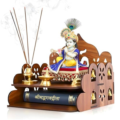 Image 1 of Wooden-temple for the product GLUN Small Pooja Mandir for Home Wall Mount & Tabletop Wooden Temple with Bells