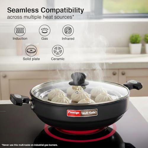 Image 4 of Prestige Hard Anodised Multi Kadhai | 28 cm | Black | Induction Base | Multi-Purpose Accesories - Idli Stand, Dhokla Stand and Steamer | Round Bottom | Durable Handles