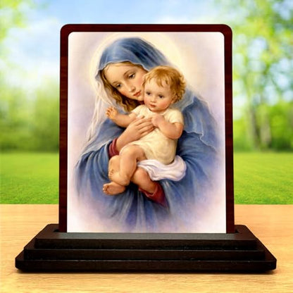Image 2 of HD Printed Mother Mary with Child Wooden Idol 4x5 Inch Sacred Portrait Spiritual Showpiece