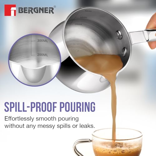 Image 6 of BERGNER TriPro 7 Pcs Tri-Ply Stainless Steel Induction Bottom Cookware Set | 22cm (2 LTR) Kadai with Glass Lid | 22cm (1 LTR) Frypan | 12cm (0.9 LTR) Coffee Warmer | Ladle | Serving Spoon | Turner