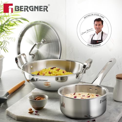 Image 2 of BERGNER TriPro 4 Pcs Tri-Ply Stainless Steel Cookware Combo - 24cm/3L Kadai with Lid, 16cm/1.7L Teapan, 12cm/500ml Tadka Pan