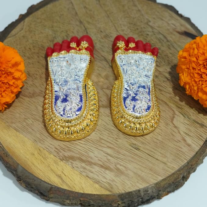 Image 2 of 3 Inch Gold Silver Plated Red for the product Gold Art India Shri Laxmi Charan Paduka