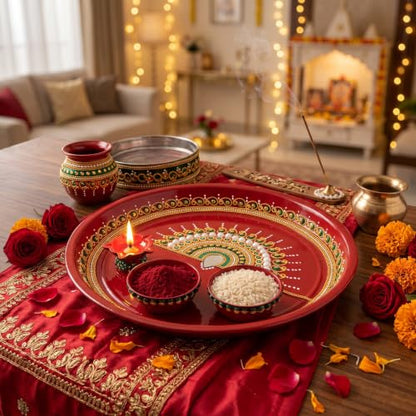 Image 9 of Red & Ivory With Pearl Fan Motif for the product JH Gallery Pooja Thali Set