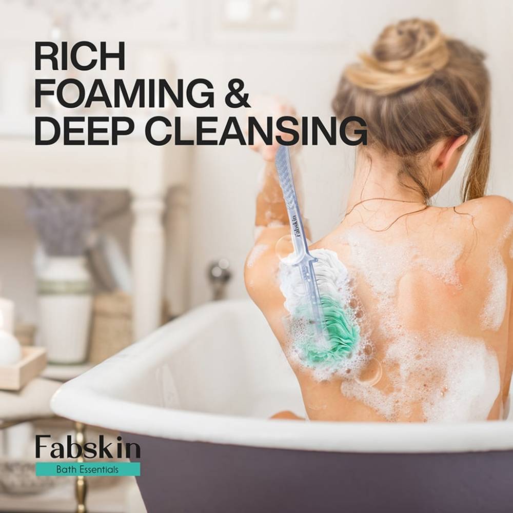 Image 4 of Fabskin Bath Brush Loofah For Men & Women With Long Plastic Handle Green & White